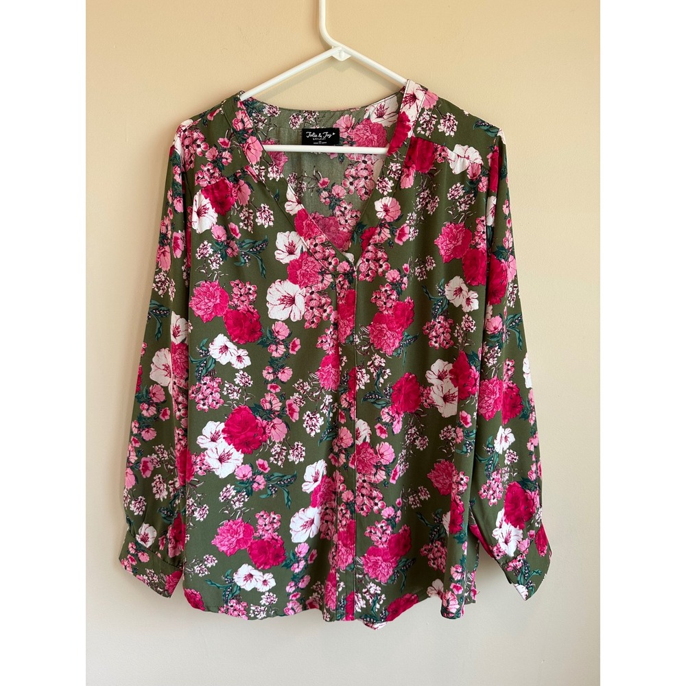 NWT Jolie & Joy Floral V-Neck Blouse Olive Pink Long Sleeve Plus Size 1X